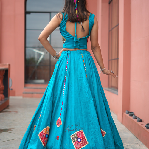 Rama Blue Color Khadi Cotton Navratri Lehenga Choli
