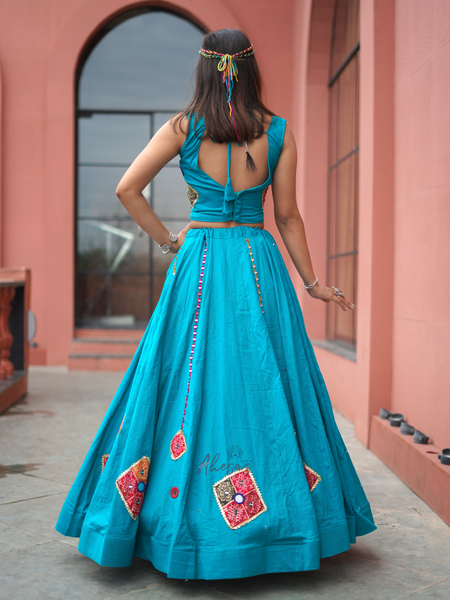Rama Blue Color Khadi Cotton Navratri Lehenga Choli