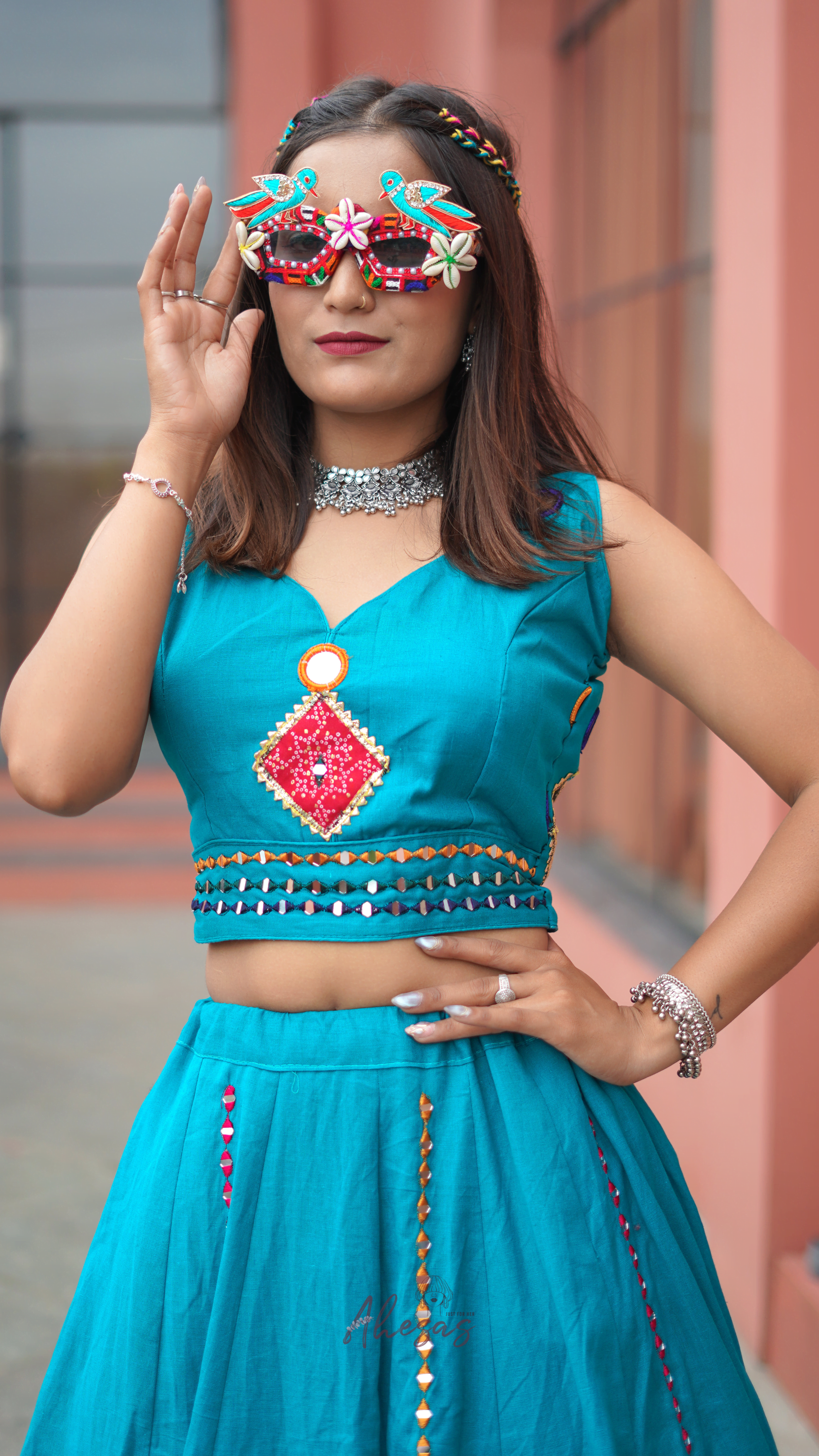 Rama Blue Color Khadi Cotton Navratri Lehenga Choli