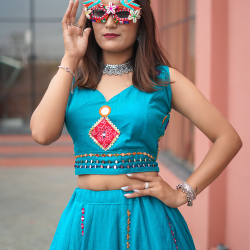 Rama Blue Color Khadi Cotton Navratri Lehenga Choli