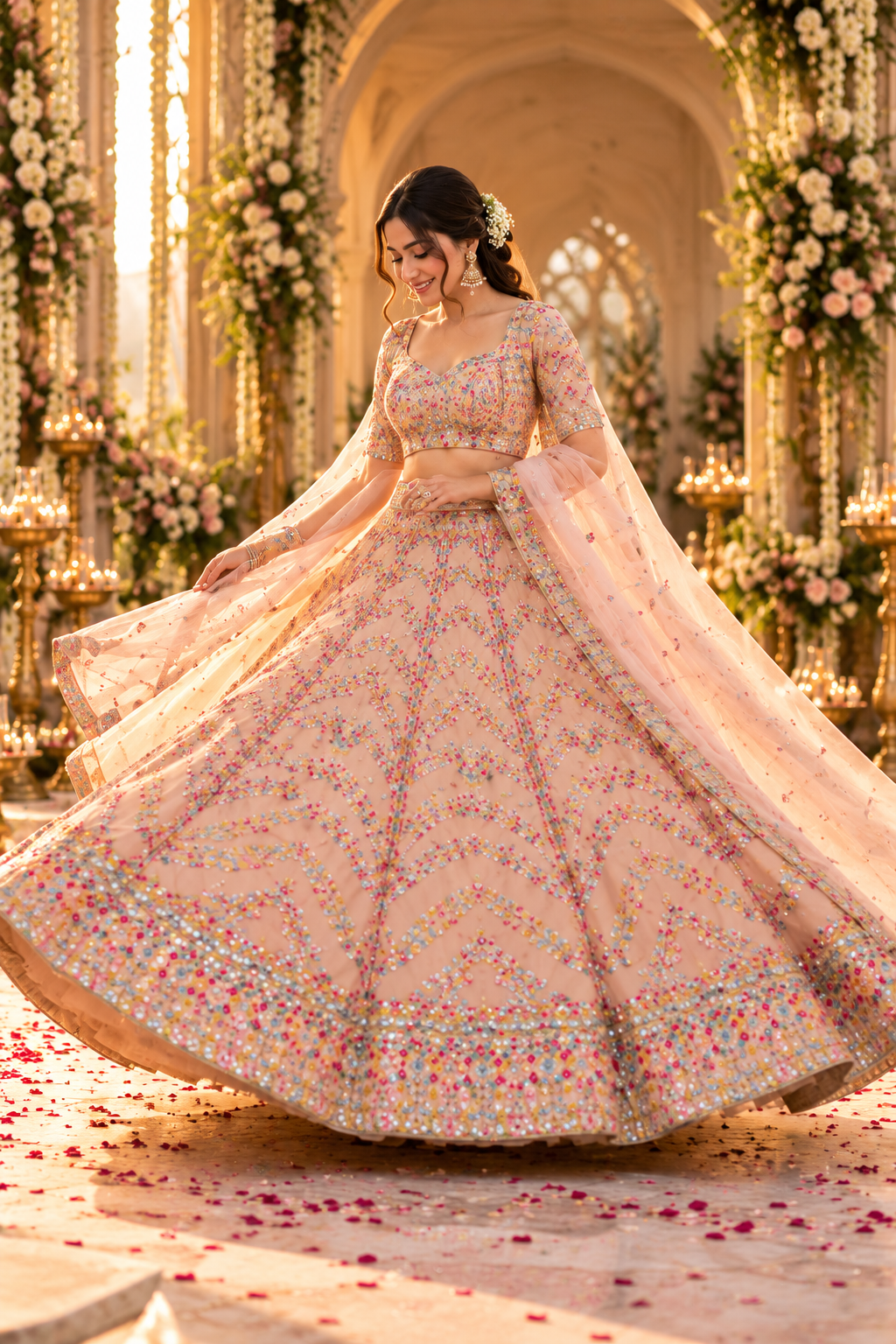 Peach Multicolor Paper Mirror Work Embroidered Lehenga Choli