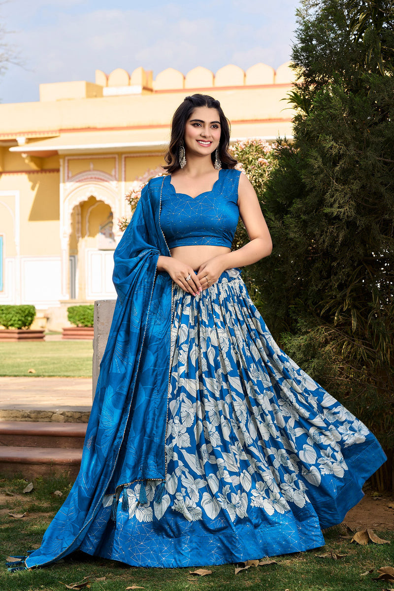 Blue Color Pure Tussar Silk Floral Print Work  Collection Special Lehenga Choli Set