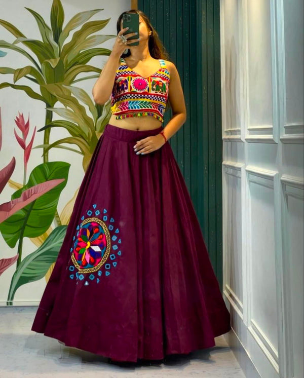 Beet  Color Cotton Silk With Embroidery Work And Real Mirror Navratri  Special Lehenga Choli Set - Ahesas