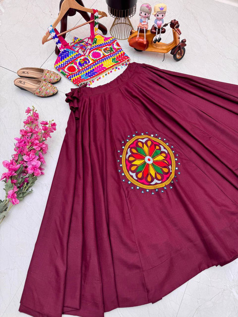 Beet  Color Cotton Silk With Embroidery Work And Real Mirror Navratri  Special Lehenga Choli Set - Ahesas