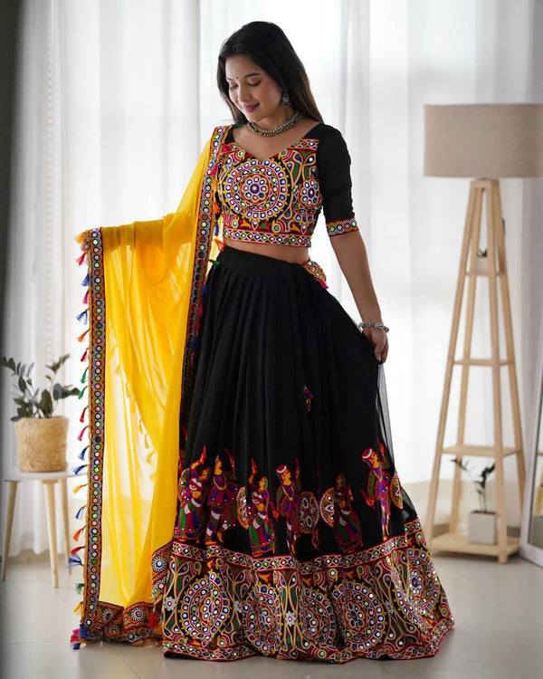 Black Color Georgette And Embroidery Work Premium Navratri Collection Lehengas - Ahesas