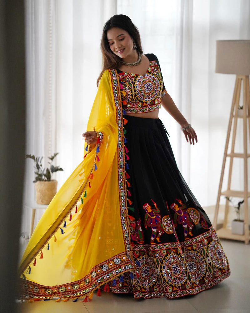 Black Color Georgette And Embroidery Work Premium Navratri Collection Lehengas - Ahesas