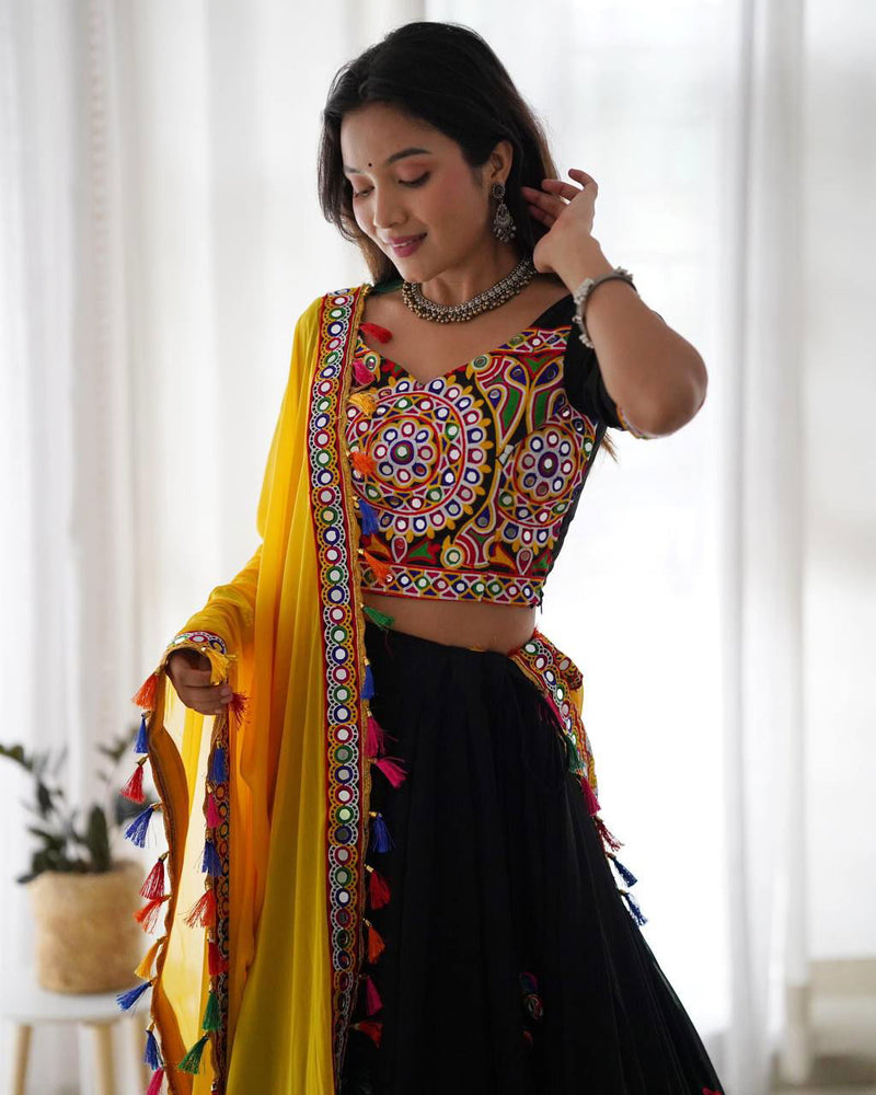 Black Color Georgette And Embroidery Work Premium Navratri Collection Lehengas - Ahesas