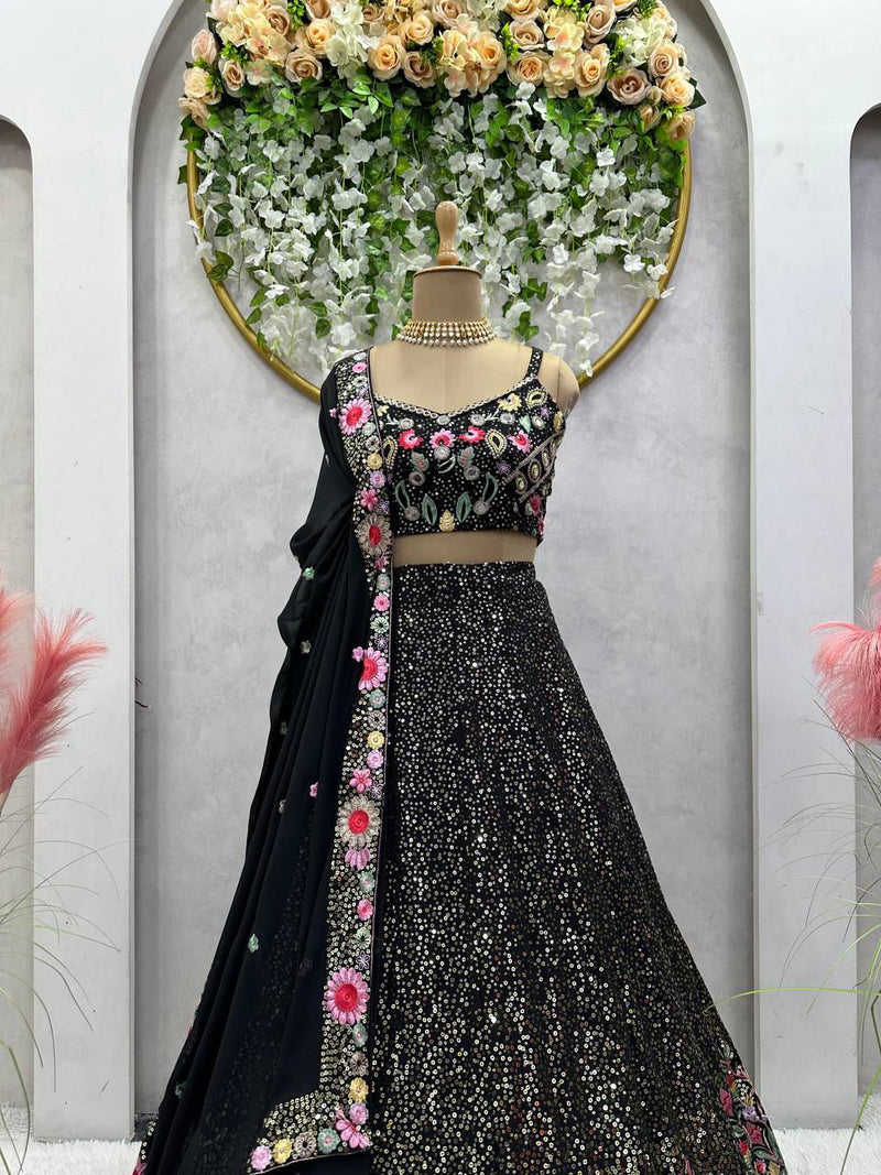 Black Color Heavy Sequence & Embroidery Work Wedding Special Lehenga Set - Ahesas