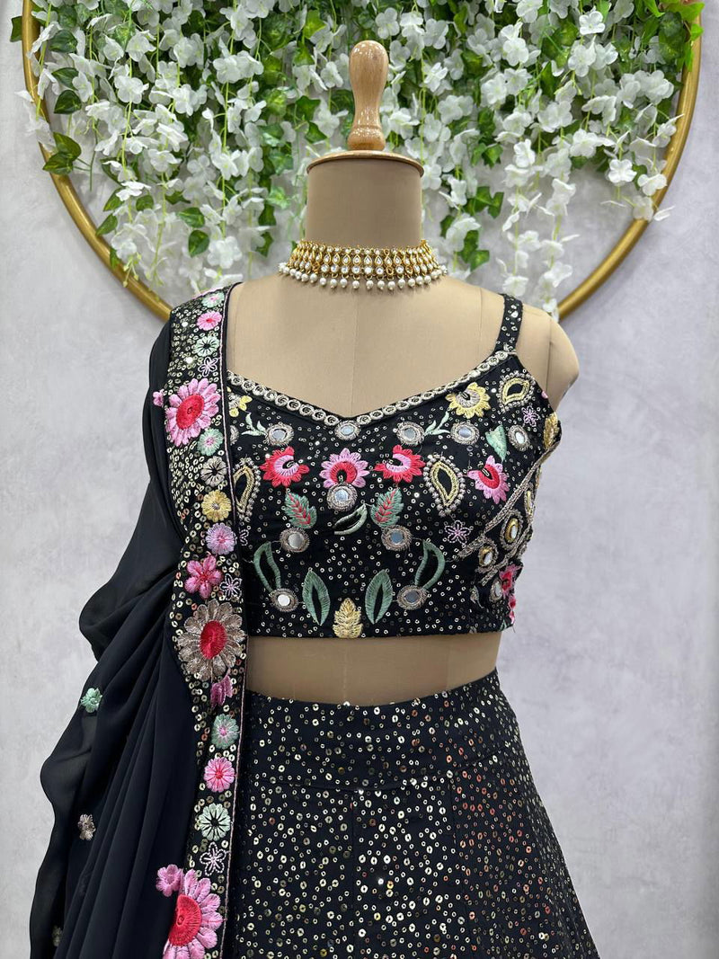 Black Color Heavy Sequence & Embroidery Work Wedding Special Lehenga Set - Ahesas