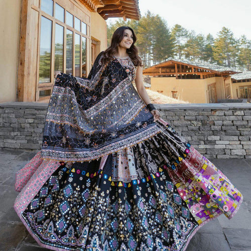 Black Color Muslin Cotton With Digital Print Real Mirror Navratri  Special Lehenga Choli Set - Ahesas