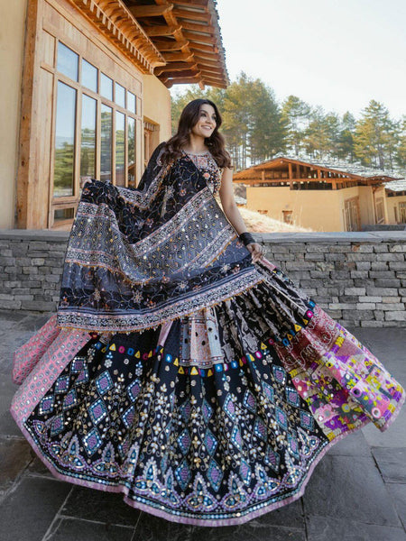 Black Color Muslin Cotton With Digital Print Real Mirror Navratri  Special Lehenga Choli Set - Ahesas