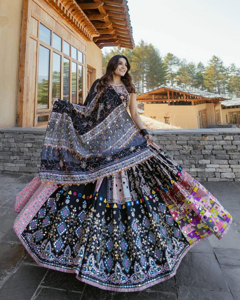 Black Color Muslin Cotton With Digital Print Real Mirror Navratri  Special Lehenga Choli Set - Ahesas