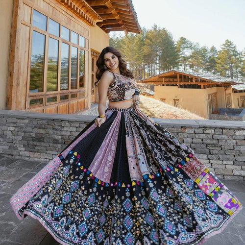 Black Color Muslin Cotton With Digital Print Real Mirror Navratri  Special Lehenga Choli Set - Ahesas
