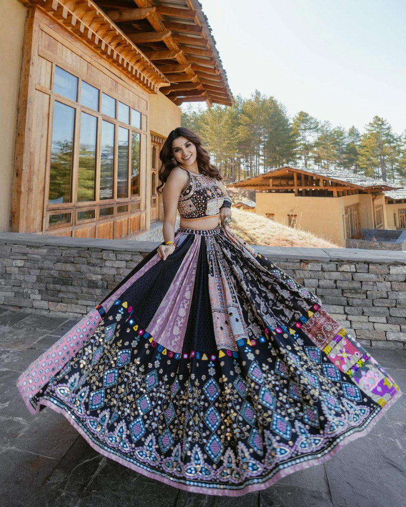 Black Color Muslin Cotton With Digital Print Real Mirror Navratri  Special Lehenga Choli Set - Ahesas