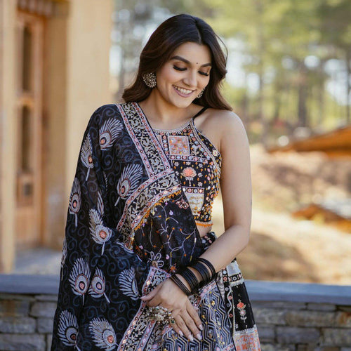 Black Color Muslin Cotton With Digital Print Real Mirror Navratri  Special Lehenga Choli Set - Ahesas