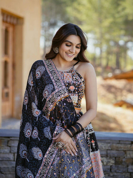 Black Color Muslin Cotton With Digital Print Real Mirror Navratri  Special Lehenga Choli Set - Ahesas