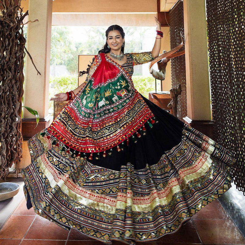 Black Color Muslin Cotton With Digital Print Real Mirror Work Designer Navratri  Special Lehenga Choli Set - Ahesas