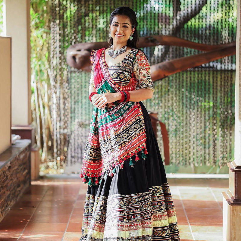 Black Color Muslin Cotton With Digital Print Real Mirror Work Designer Navratri  Special Lehenga Choli Set - Ahesas