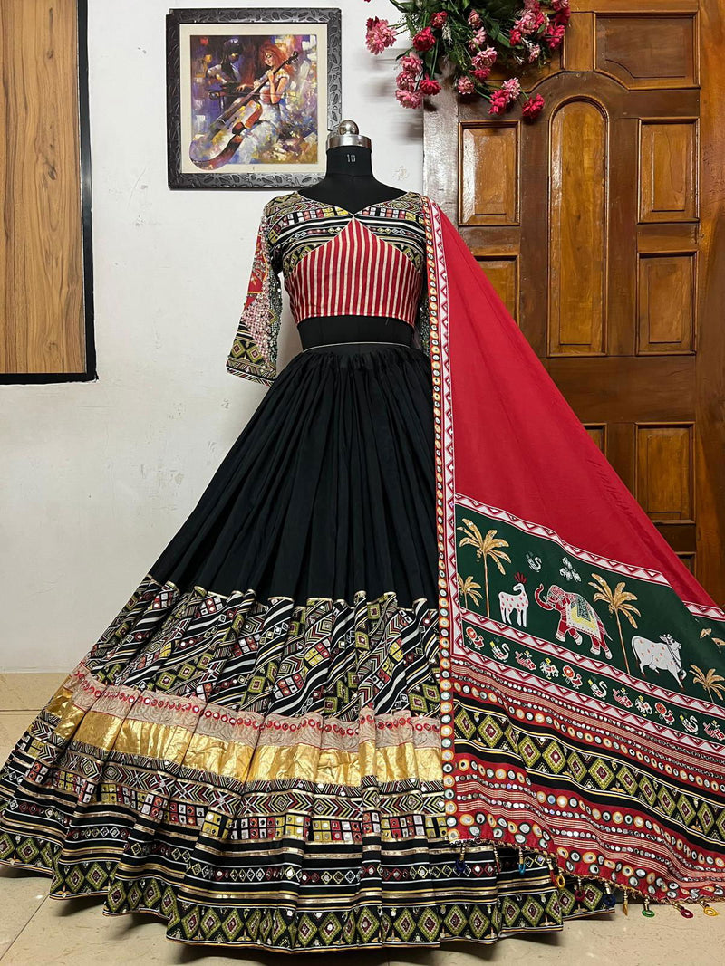 Black Color Muslin Cotton With Digital Print Real Mirror Work Designer Navratri  Special Lehenga Choli Set - Ahesas