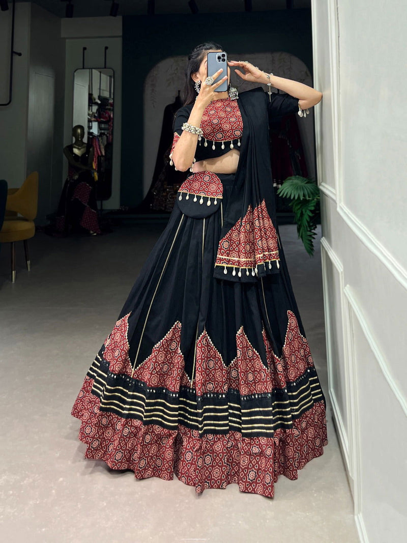 Black  Color Pure Cotton With Plain With Printed  Work Premium  Navratri Special Lehenga Choli Set - Ahesas