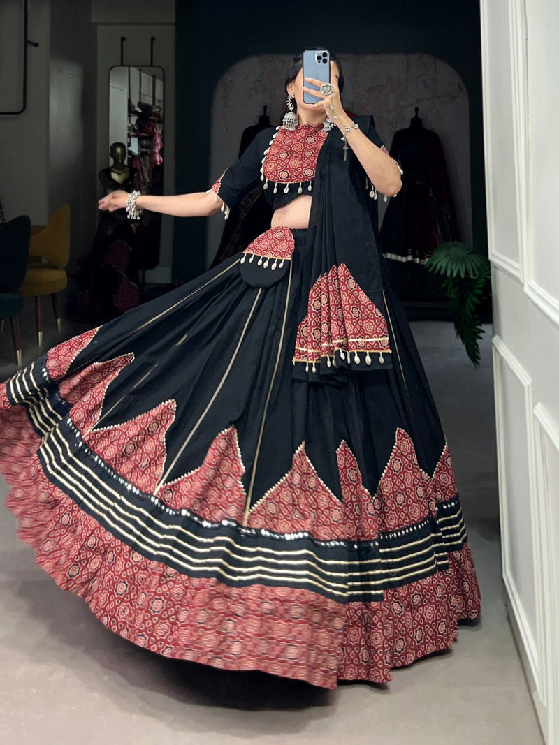 Black  Color Pure Cotton With Plain With Printed  Work Premium  Navratri Special Lehenga Choli Set - Ahesas