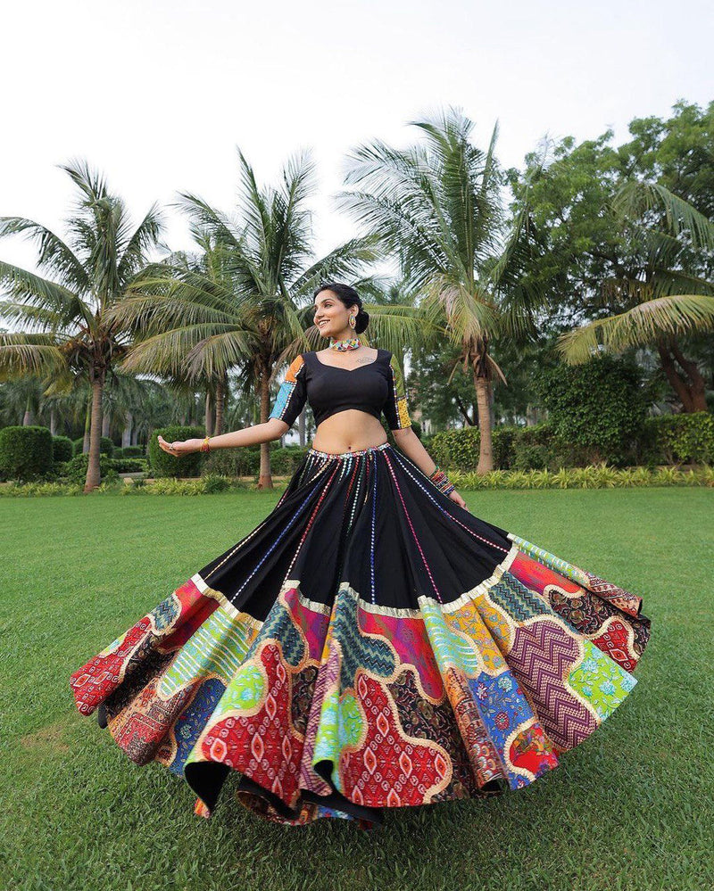 Black Color Pure Cotton With Print And Embroidery Foil Paper Work Navratri  Special Lehenga Choli Set - Ahesas