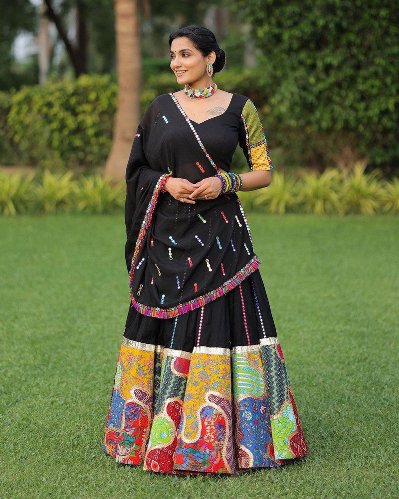 Black Color Pure Cotton With Print And Embroidery Foil Paper Work Navratri  Special Lehenga Choli Set - Ahesas