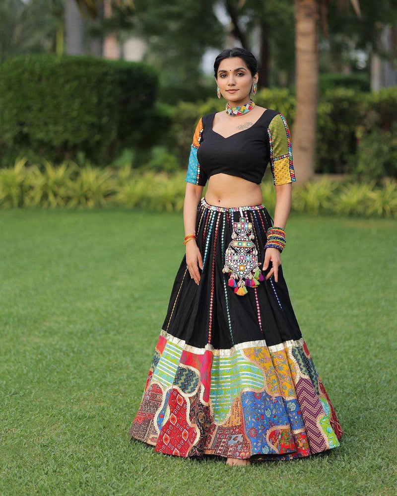 Black Color Pure Cotton With Print And Embroidery Foil Paper Work Navratri  Special Lehenga Choli Set - Ahesas