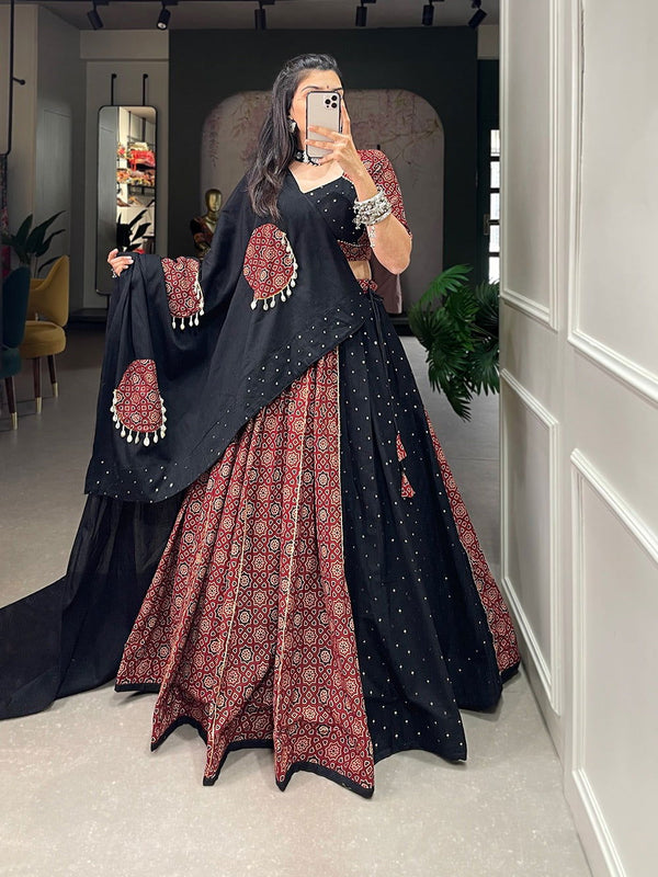 Black Color Pure Cotton With Printed With Gotta Patti Navratri  Special Lehenga Choli Set - Ahesas