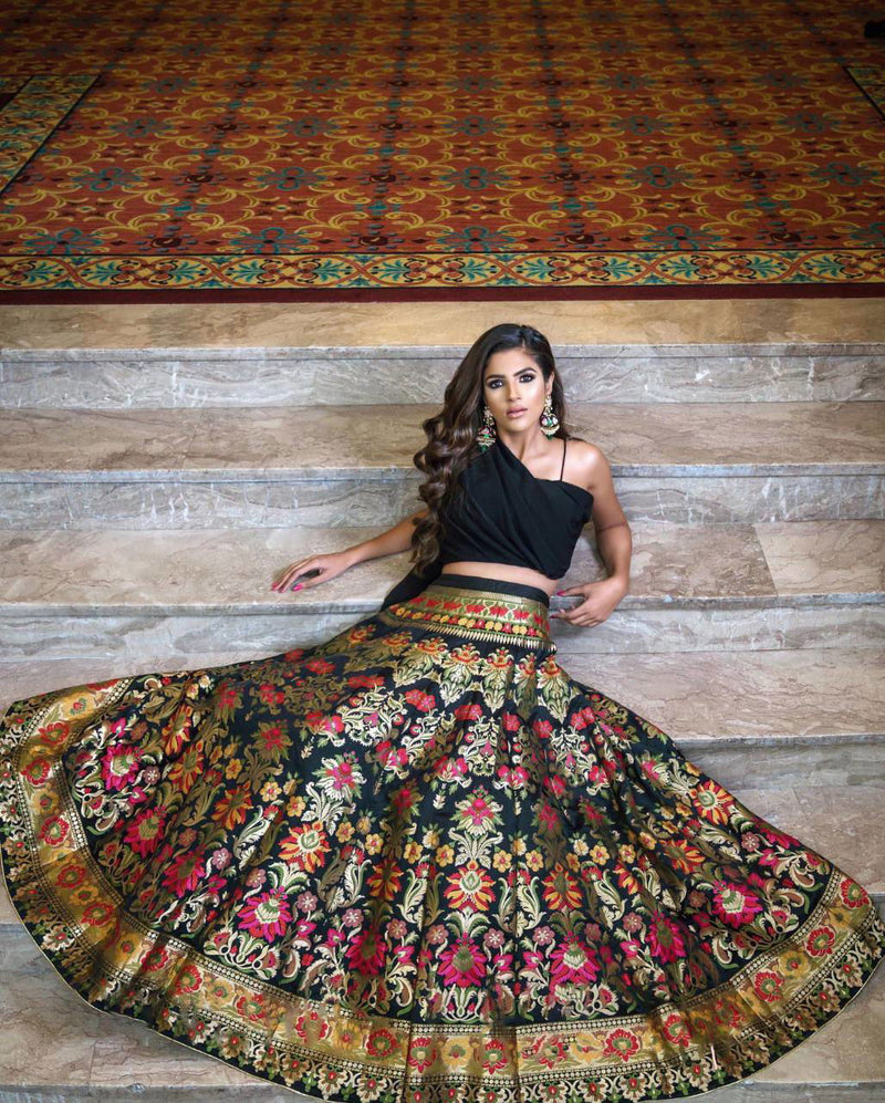 Black Party Wear Banarasi Weaving Designer Party Wear Lehenga - Ahesas