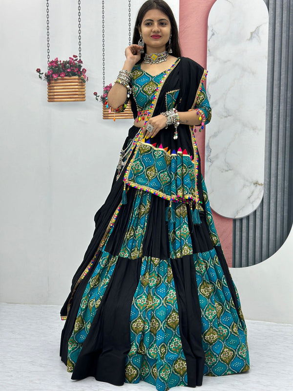 Black &  Rama Color Pure Cotton With Plain With Printed  Work Premium  Navratri Special Lehenga Choli Set - Ahesas