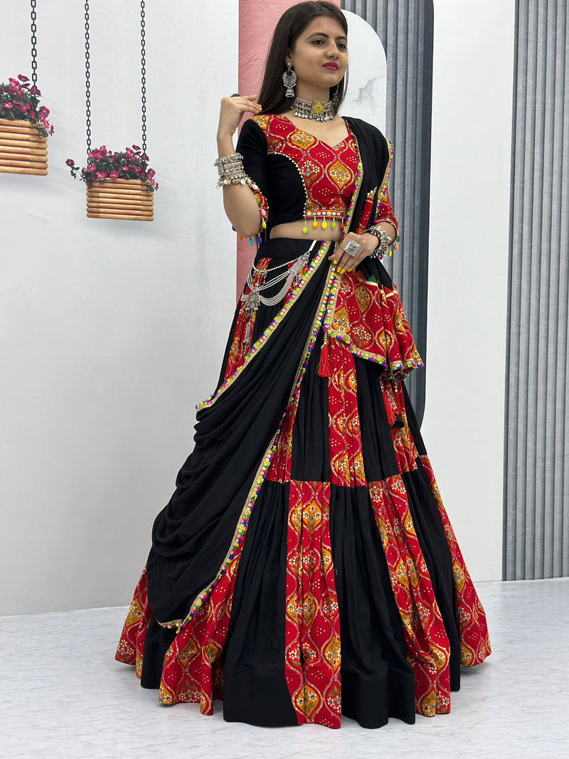 Black &  Red  Color Pure Cotton With Plain With Printed  Work Premium  Navratri Special Lehenga Choli Set - Ahesas