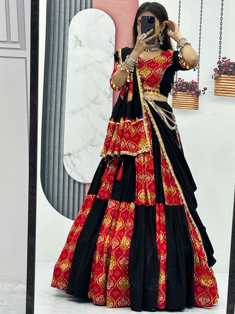 Black &  Red  Color Pure Cotton With Plain With Printed  Work Premium  Navratri Special Lehenga Choli Set - Ahesas