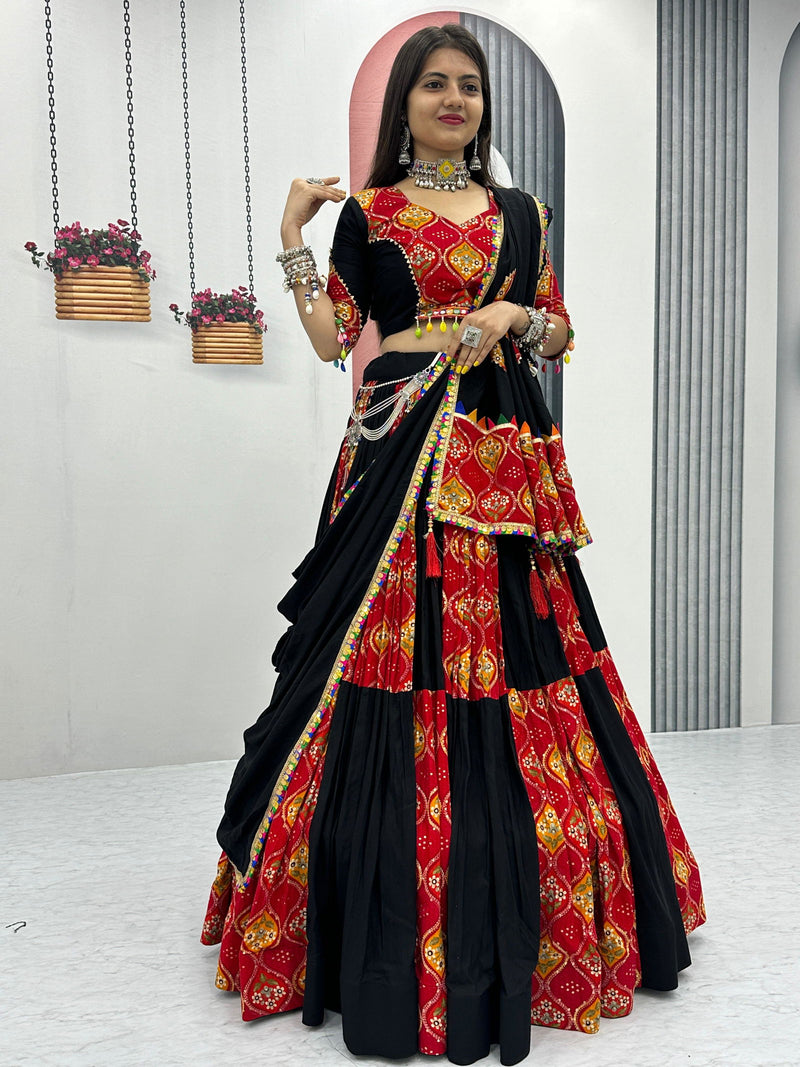 Black &  Red  Color Pure Cotton With Plain With Printed  Work Premium  Navratri Special Lehenga Choli Set - Ahesas