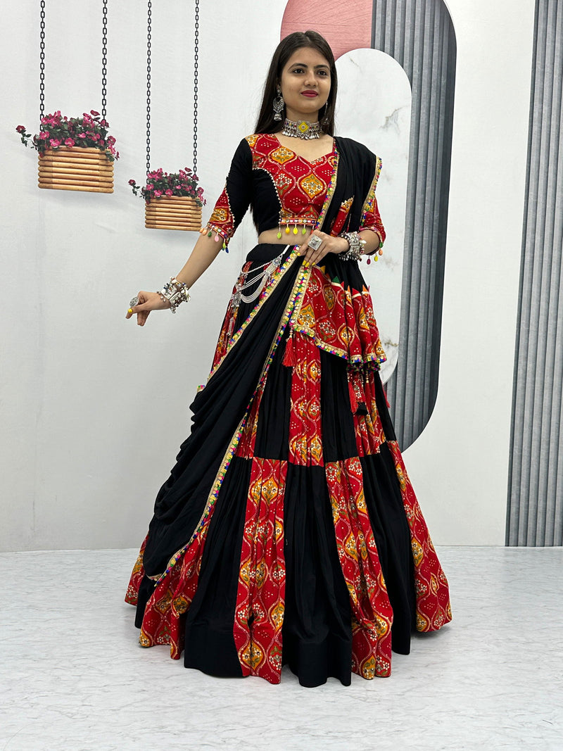 Black &  Red  Color Pure Cotton With Plain With Printed  Work Premium  Navratri Special Lehenga Choli Set - Ahesas