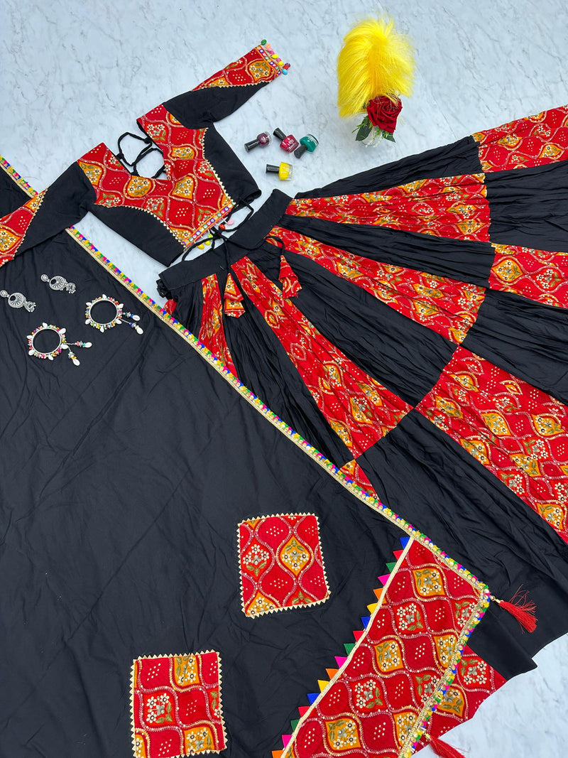 Black &  Red  Color Pure Cotton With Plain With Printed  Work Premium  Navratri Special Lehenga Choli Set - Ahesas