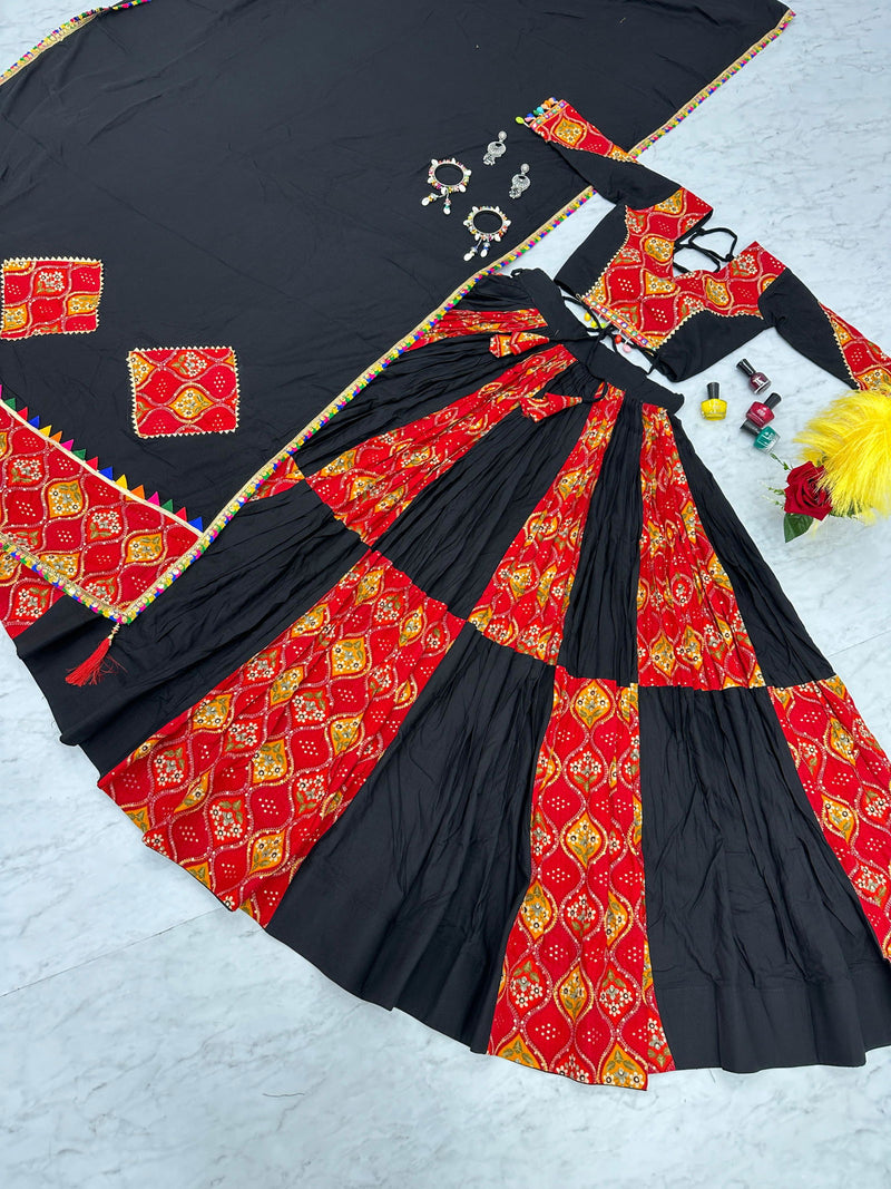 Black &  Red  Color Pure Cotton With Plain With Printed  Work Premium  Navratri Special Lehenga Choli Set - Ahesas