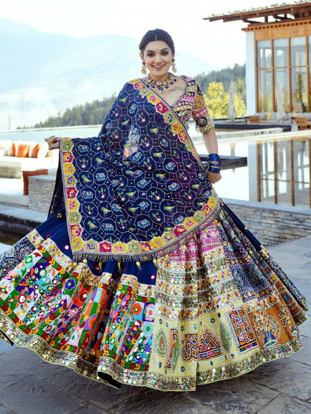 Blue  Color Muslin Cotton With Digital Print Real Mirror Navratri  Special Lehenga Choli Set - Ahesas