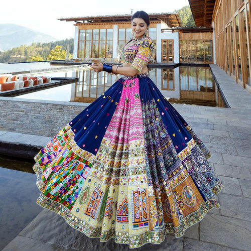 Blue  Color Muslin Cotton With Digital Print Real Mirror Navratri  Special Lehenga Choli Set - Ahesas