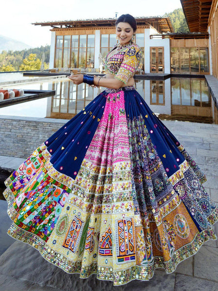 Blue  Color Muslin Cotton With Digital Print Real Mirror Navratri  Special Lehenga Choli Set - Ahesas