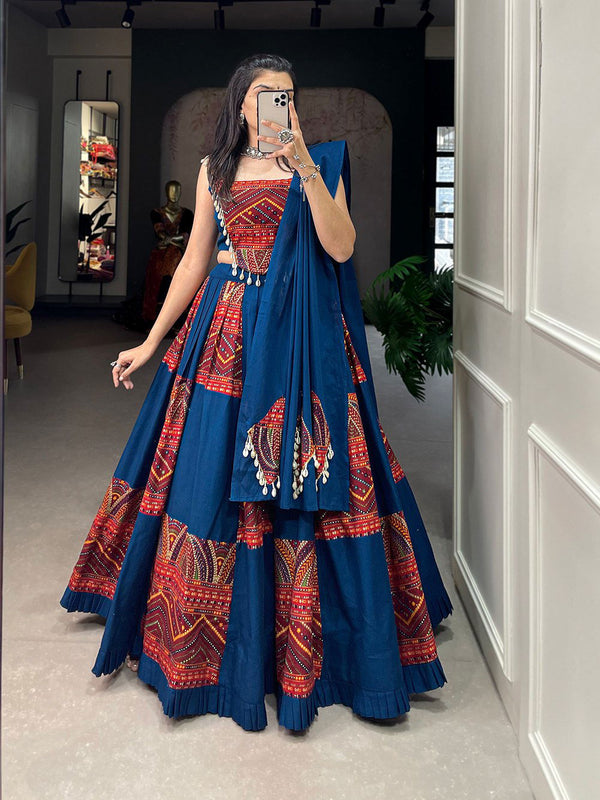 Blue Color Pure Cotton Plain & Printed With Foil Work Navratri Lehenga Choli - Ahesas