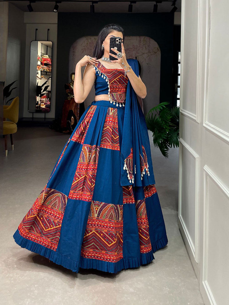 Blue Color Pure Cotton Plain & Printed With Foil Work Navratri Lehenga Choli - Ahesas