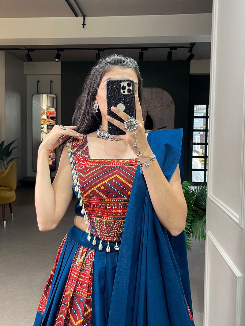 Blue Color Pure Cotton Plain & Printed With Foil Work Navratri Lehenga Choli - Ahesas