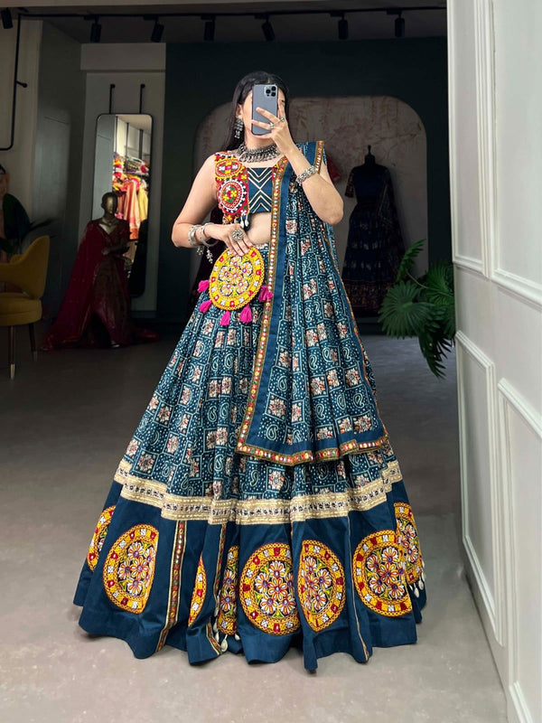 Blue Color Pure Rayon With Printed And Foil Work Navratri  Special Lehenga Choli Set - Ahesas