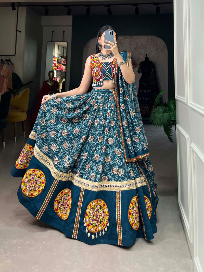 Blue Color Pure Rayon With Printed And Foil Work Navratri  Special Lehenga Choli Set - Ahesas