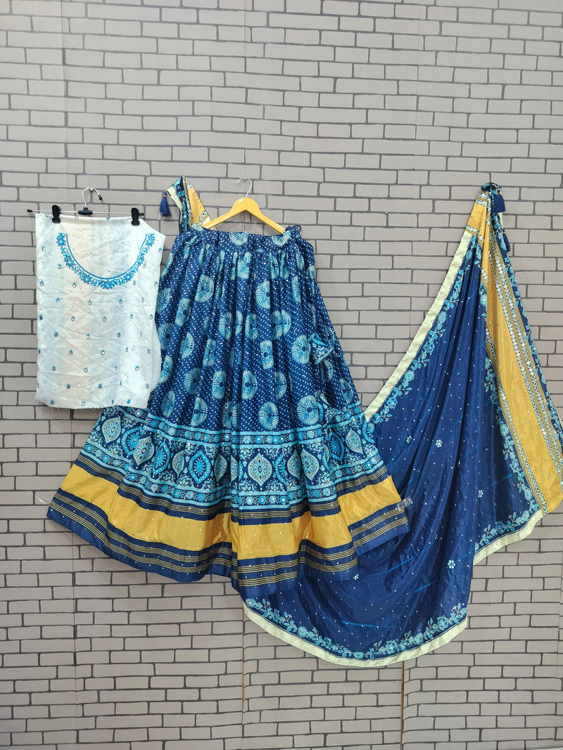 Blue Color Silk With Digital Print Real Mirror Navratri  Special Lehenga Choli SetDesigner Digital Printed Muslin Cotton Lehenga Choli Set - Ahesas