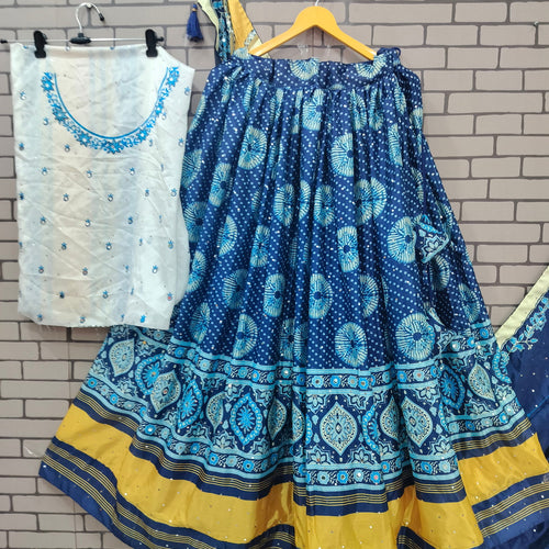 Blue Color Silk With Digital Print Real Mirror Navratri  Special Lehenga Choli SetDesigner Digital Printed Muslin Cotton Lehenga Choli Set - Ahesas