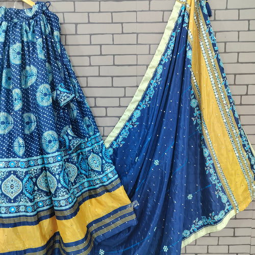 Blue Color Silk With Digital Print Real Mirror Navratri  Special Lehenga Choli SetDesigner Digital Printed Muslin Cotton Lehenga Choli Set - Ahesas