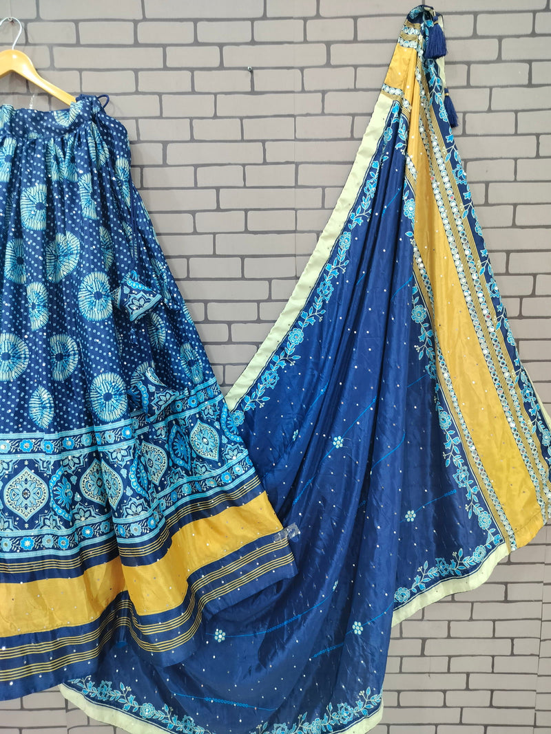 Blue Color Silk With Digital Print Real Mirror Navratri  Special Lehenga Choli SetDesigner Digital Printed Muslin Cotton Lehenga Choli Set - Ahesas