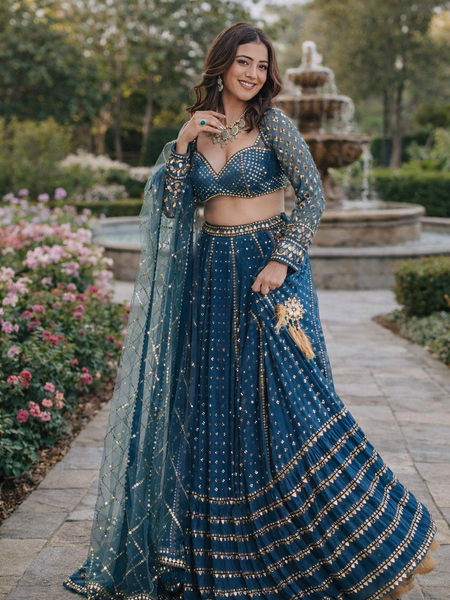 Blue Color Designer Georgette  sequins  Embroidery Work Lehenga Choli